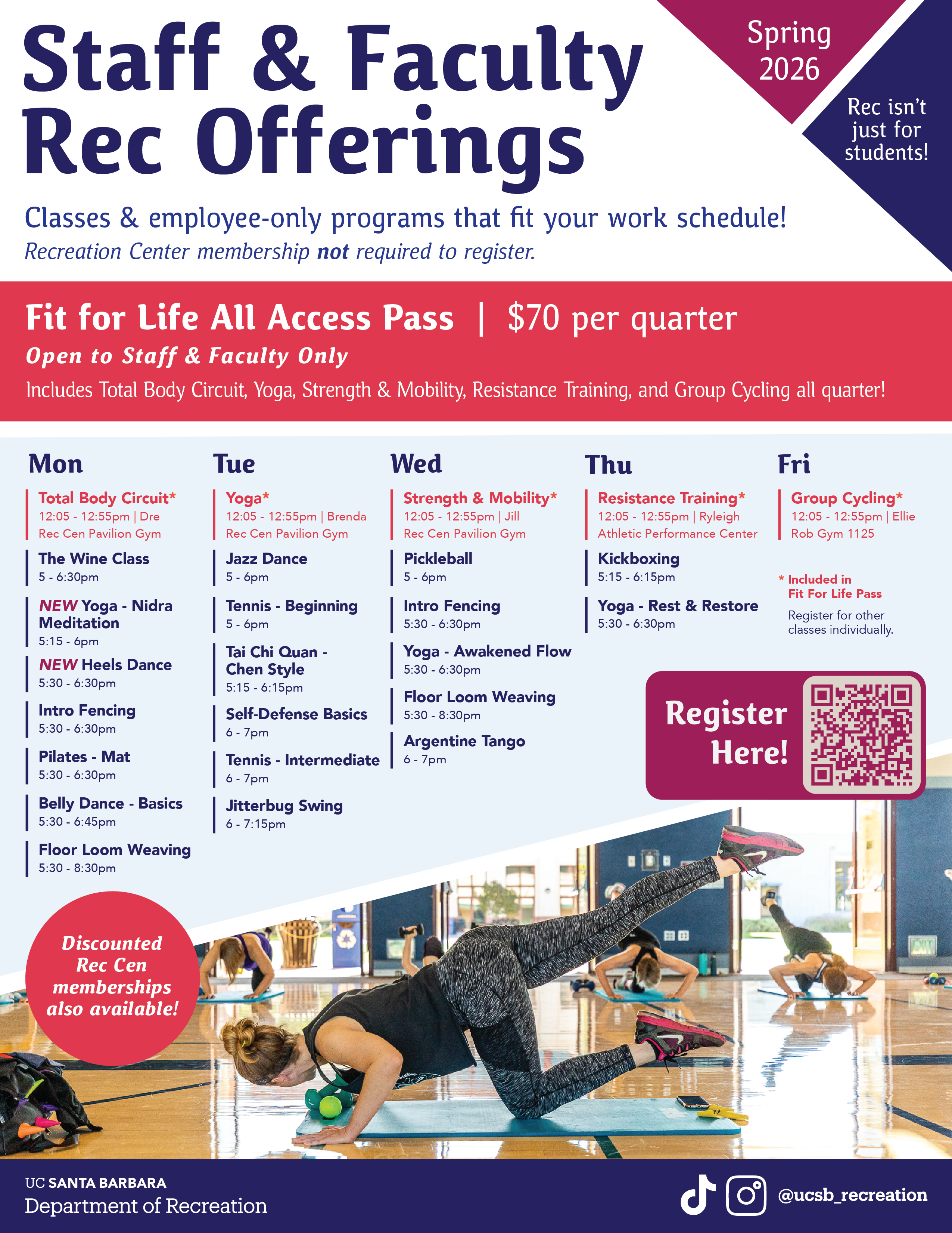 Spring 2026 Staff & Faculty Offerings Schedule with info about the Fit for Life all access pass, as well as classes that are offered after 5pm.
