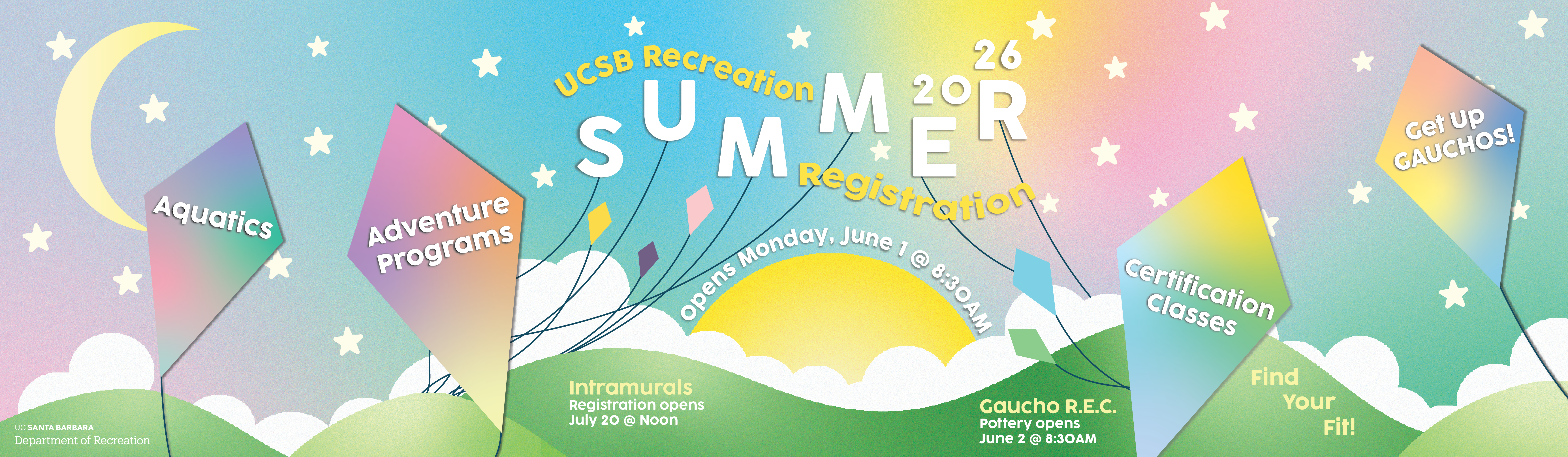 Summer 2026 Registration opens Monday, June 1 @ 8:30am. Pottery opens Tuesday, June 2 @ 8:30am. Intramural registration opens July 20 @ noon.
