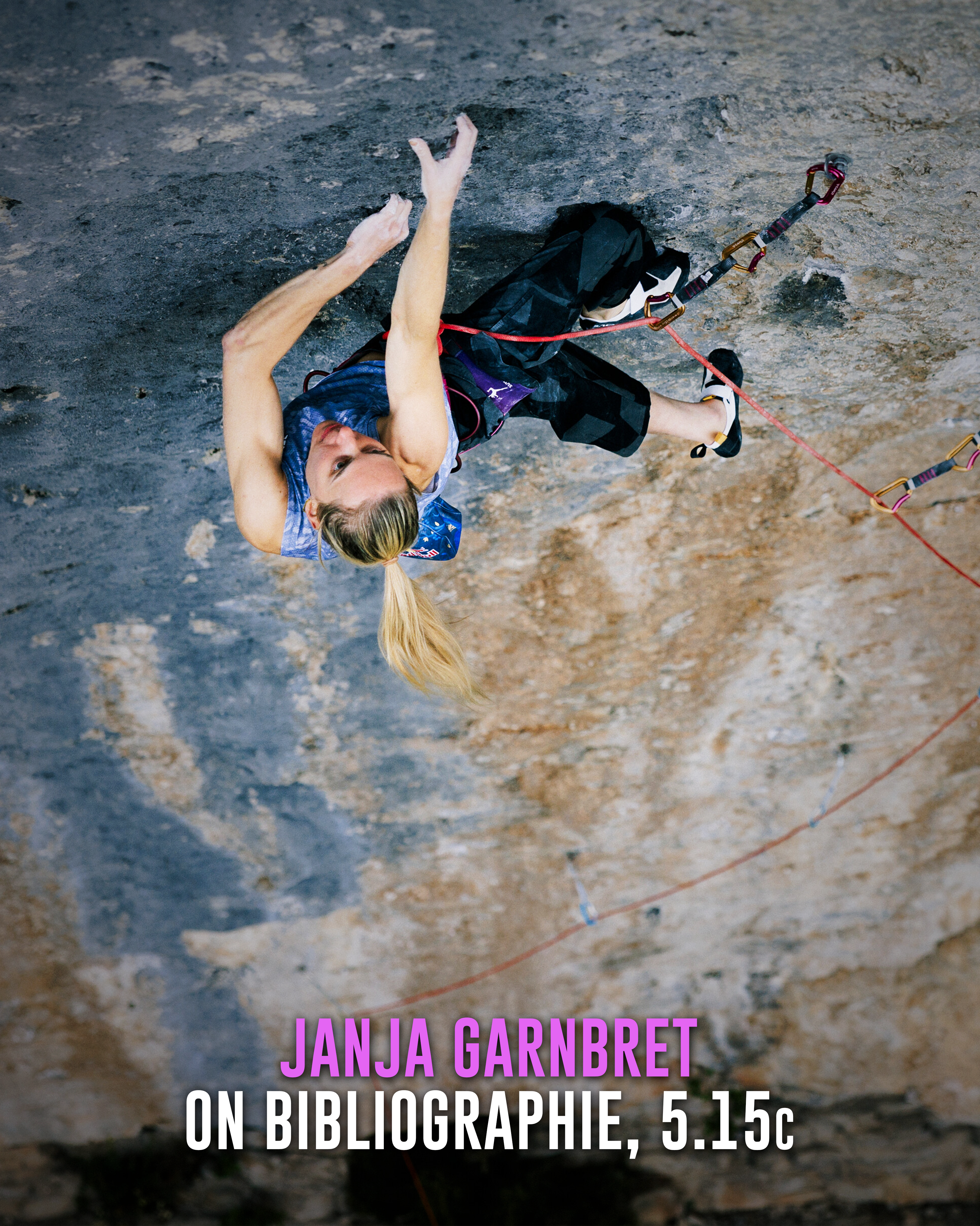 Janja Garbret on Bibliographie, 5.115c, She is looking up to do the next move of a climb